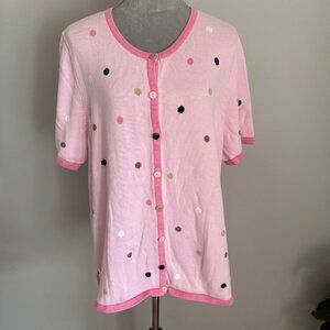 CJ Banks Women’s Pink Polka Dot Short Sleeve Button Down Sweater Sz 3X